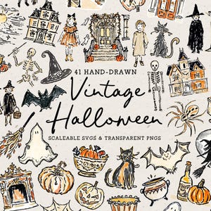 Könnte beinhalten: Eine Sammlung von 41 handgezeichneten Vintage-Halloween-Illustrationen mit schwarzen Tintenumrissen und dezenten orangefarbenen und beigen Aquarellakzenten. Das Set enthält Geister, Skelette, Hexen, Kürbisse, Fledermäuse, Katzen, Häuser und Süßigkeiten.