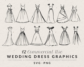Wedding Dress Clipart Bundle: Hand-Drawn Doodle Illustrations, SVG & PNG