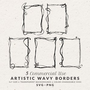 Hand Drawn Artistic Wavy Border Illustration Bundle Set SVG PNG, Size 5x7, Whimsical Doodle Scribble Frame Clip Art for Wedding Invitations