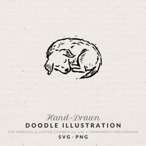 May include: A black and white hand-drawn doodle illustration of a sleeping dog curled up. The text "Hand-Drawn DOODLE ILLUSTRATION" is below the image, with additional text indicating the image is for personal and limited commercial use.