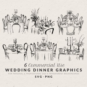 Pacchetto di illustrazioni di tavoli da pranzo di nozze disegnati a mano in formato SVG e PNG, scarabocchi vintage, icone per feste, clipart di schizzi per inviti alla cena di prova