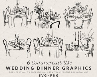 Hand Drawn Wedding Reception Illustrations, Whimsical Elegant Doodle Line Art Bundle (SVG & PNG Icons)