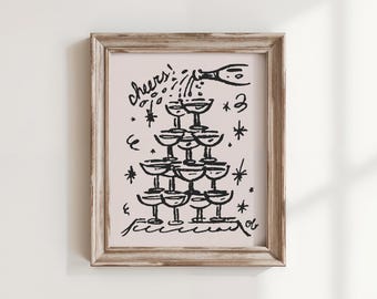 Champagne Tower Art Print, Cheers, Whimsical Bar Cart Wall Art, Hand Drawn Cocktail Illustration, Celebration Decor