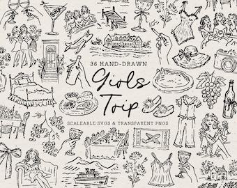 Hand Drawn Girls Trip Doodle Bundle, Bachelorette Line Art Illustrations (SVG & PNG Download)