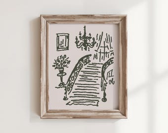 Grand Staircase Art Print, The Staircase, Whimsical Maximalist Wall Art, Hand Drawn Vintage Interior Illustration