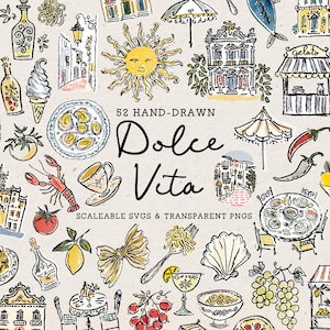 Pode incluir: Ilustrações desenhadas à mão de comida e cultura italiana, incluindo massa, gelato, limões e edifícios. O texto "Dolce Vita" é exibido em uma fonte decorativa, com palavras acima e abaixo.