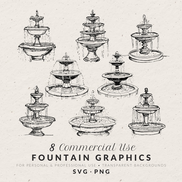 Hand Drawn Water Fountain Illustration, SVG PNG, Hand Drawn Wedding Icons, Whimsical Hand Drawn Doodles, Commercial Use Vintage Clipart