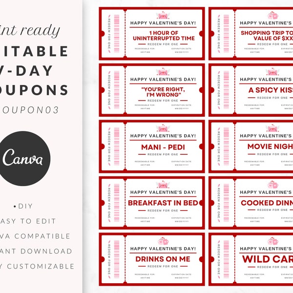 Customizable Valentines Day Coupons, Editable Valentines Day Coupon Book Canva Template, Printable Love Coupons for Couples, for Him for Her