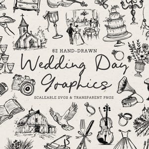 Hand Drawn Wedding Day Doodle Bundle, Elegant Line Art Illustrations (SVG & PNG Clipart)