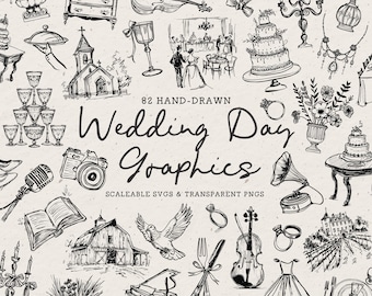 Hand Drawn Wedding Day Doodle Bundle, Elegant Line Art Illustrations (SVG & PNG Clipart)