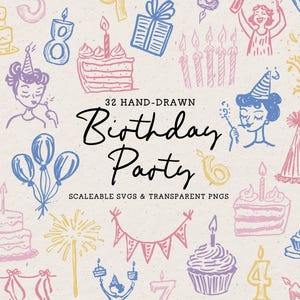 Clipart de festa de aniversário, Rabiscos de velas de aniversário desenhados à mão, Pacote de ilustrações, Ícones de convite caprichosos, Balão, Bolo PNG, Presentes SVG