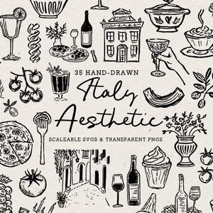 May include: A collection of 35 hand-drawn black and white illustrations featuring Italian-themed motifs including pizza, pasta, wine bottles, glasses, tomatoes, grapes, buildings, and floral arrangements with the text 35 HAND-DRAWN Italy Aesthetic.