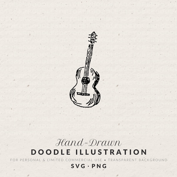 Vintage Guitar Clipart: Hand-Drawn Music Doodle, SVG & PNG