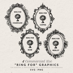 Op de afbeelding: Vier zwart-witte illustraties van versierde frames met de tekst "Ring For" en de namen van verschillende dranken: Champagne, Koffie, Rosé en Merlot.