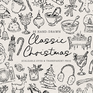 Handgezeichnete klassische Weihnachtsillustrationen, wunderliches Urlaubs Doodle Line Art Bundle (SVG & PNG Clipart)