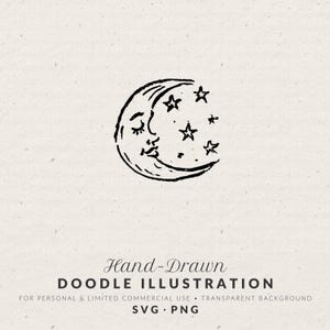 Peut inclure: Illustration de style doodle dessinée à la main, représentant un croissant de lune avec un visage et des étoiles. L'image est en noir sur fond crème. Le texte indique "Hand-Drawn DOODLE ILLUSTRATION".