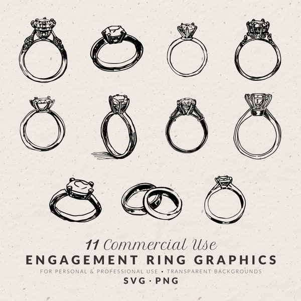 Hand Drawn Wedding Ring Illustrations, SVG PNG, Hand Drawn Engagement Icons, Whimsical Doodles, Commercial Use Vintage Clipart