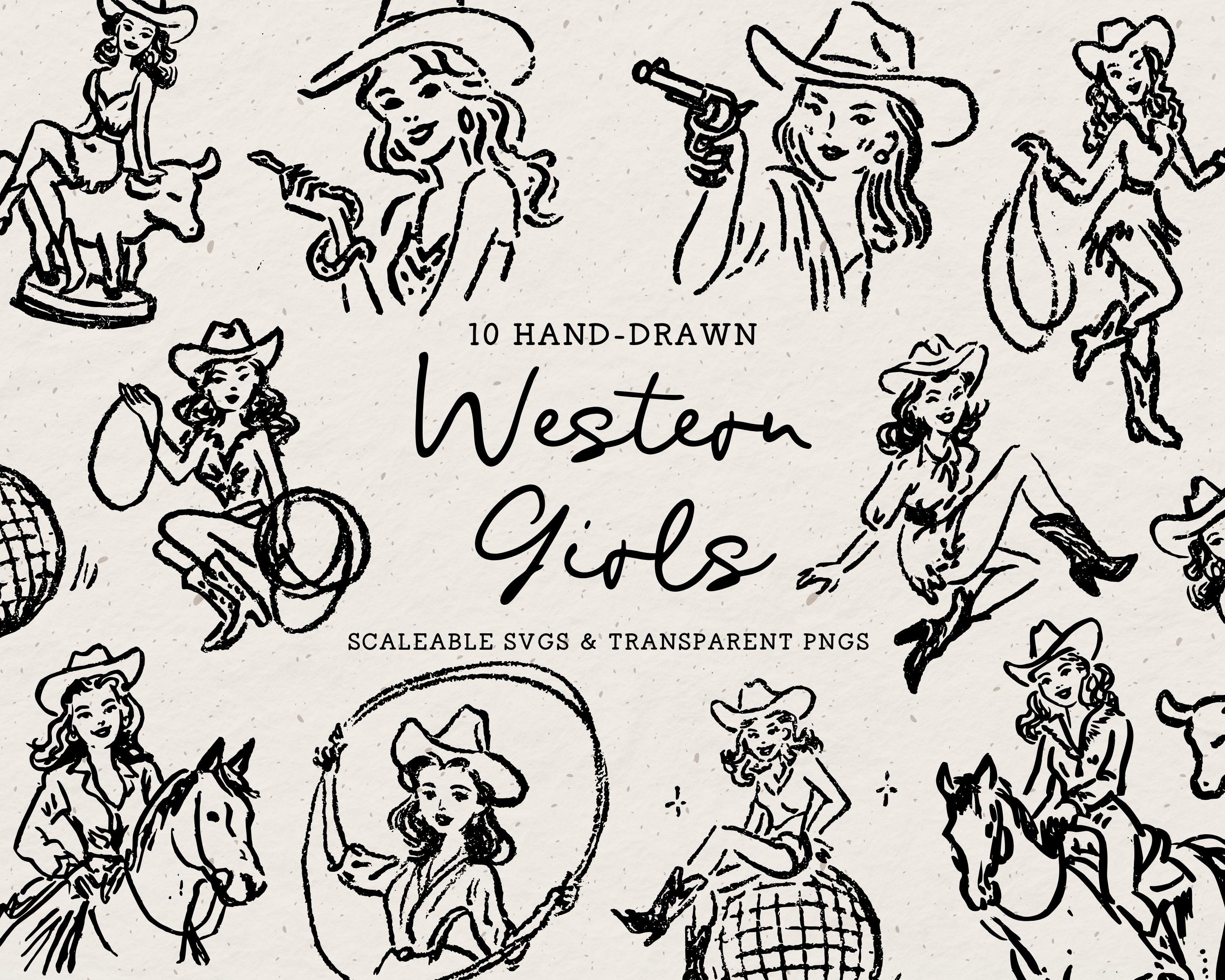 Pinup Rodeo Western Rodeo Girls Clipart, Hand Drawn Retro Cowgirl Pinup Doodles ...