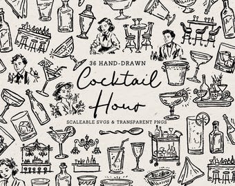 May include: A collection of 36 hand-drawn black ink illustrations featuring cocktail hour themes, including various glassware, bottles, bar carts, and people, with the text 36 HAND-DRAWN Cocktail Hour SCALEABLE SVGS & TRANSPARENT PNGS.