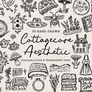 Hand Drawn Cottagecore Doodle Bundle, Aesthetic Line Art Illustrations (SVG & PNG Clipart) image 2