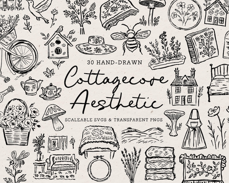 Hand Drawn Cottagecore Doodle Bundle, Aesthetic Line Art Illustrations (SVG & PNG Clipart) image 2