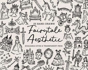 Hand Drawn Fairytale Doodle Bundle, Storybook Wedding Line Art Illustrations (SVG & PNG Download)