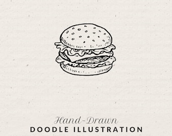 Burger - Hand Drawn Whimsical Fast Food Junk Illustration Doodle, Line Art Clipart (PNG & SVG)