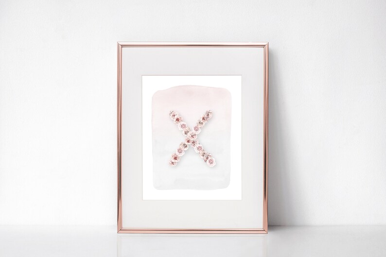 Gift Initials Monogram Nursery Art Letter X Printable Wall Art Instant Name Art Print Pink Watercolor Home Decor Floral Flowers