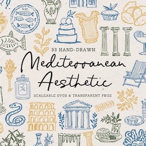 Clipart esthétique été méditerranéen, Italie Grèce Espagne Doodle Bundle, Illustrations dessinées à la main, icônes de mariage, citron de mer Olive, SVG PNG