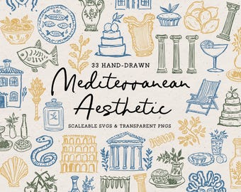 Mediterranean Clipart Bundle, Santorini Amalfi Doodle Icons, Wedding Seaside Art (SVG PNG)