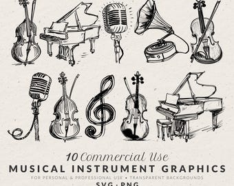 Hand Drawn Musical Instrument Illustrations, Whimsical Wedding Doodle Line Art Bundle (SVG & PNG Clipart)
