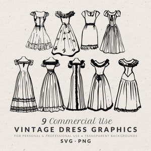 Hand Drawn Fancy Dress Illustration Bundle SVG PNG, Vintage Fashion Doodles, Line Art Icon, Sketch Drawing Clip Art for Wedding Invitation