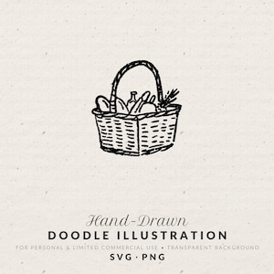 May include: A black and white hand-drawn doodle illustration of a woven picnic basket filled with various food items including bread and a bottle. The graphic features a textured, sketchy line style on a light, speckled off-white background.