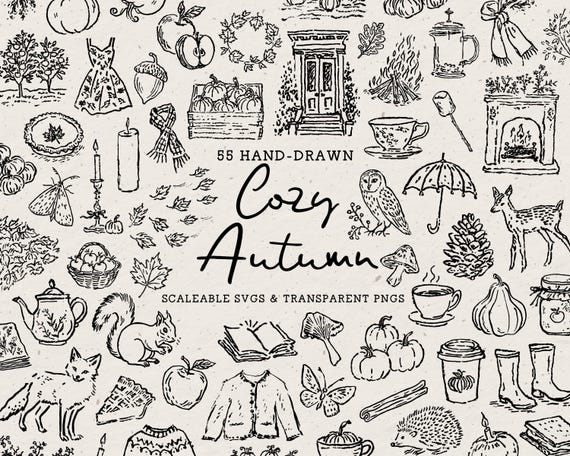 Hand Drawn Cozy Autumn Doodle Bundle, Whimsical Fall Line Art Illustrations (SVG & PNG Icons)