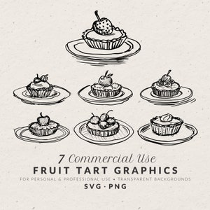 Hand Drawn Fruit Tart Illustration Bundle SVG PNG, Vintage Food Doodles, Wedding Icons, Sketch Drawing Dessert Clip Art for Invitation