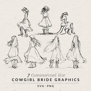 Handgezeichnete Cowgirl Braut Illustrationen SVG PNG, Western-Hochzeit-Icons, wunderliche Rodeo Doodles, Braut in Cowboy-Hut und Stiefeln, Clipart