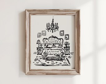 Vintage Bedroom Art Print, The Grand Bedroom, Whimsical Romantic Wall Art, Hand Drawn Maximalist Interior Illustration