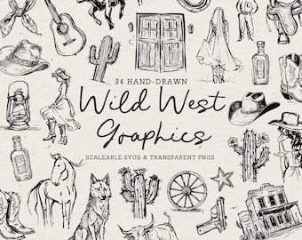 Hand Drawn Wild West Doodle Bundle, Rodeo Line Art Illustrations (SVG & PNG Download)