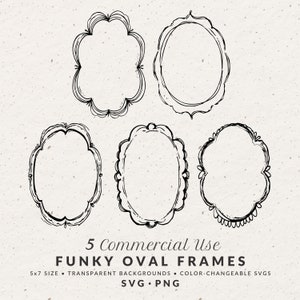 Handgezeichnete Funky Oval Border Illustration Bundle Set SVG PNG, Größe 5x7, wunderliche Doodle Scribble Rahmen Clip Art für Hochzeitseinladungen