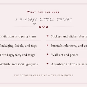 The image is a list of various items that can be made, including invitations and party signs, stickers and sticker sheets, packaging, labels, and cards, tote bags, tees, and mugs, wall art and prints, and website and social graphics.