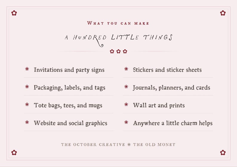 The image is a list of various items that can be made, including invitations and party signs, stickers and sticker sheets, packaging, labels, and cards, tote bags, tees, and mugs, wall art and prints, and website and social graphics.