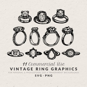 Hand Drawn Vintage Wedding Ring Illustrations SVG PNG, Diamond Engagement Icons, Whimsical Doodles, Commercial Use Clip Art for Invitation