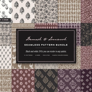 Op de afbeelding: Een digitale collectie van naadloze patronen met damast- en ijzerwerkontwerpen in zwart, wit en gedempte aardetinten. Een centraal zwart rechthoekig label toont de tekst Damash & Ironwork SEAMLESS PATTERN BUNDLE.