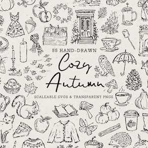 Handgezeichnetes gemütliches Herbst Doodle Bundle, wunderliche Herbst Line Art Illustrationen (SVG & PNG Icons) Bild 1