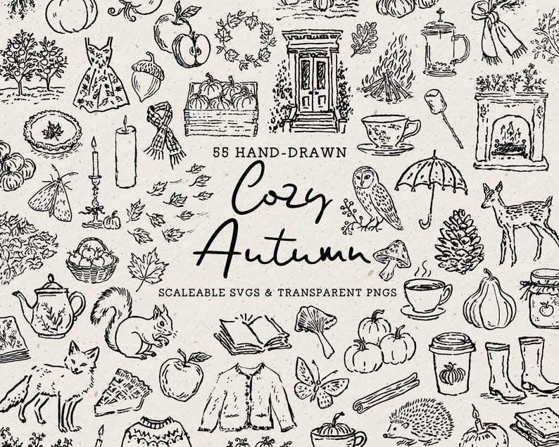 Handgezeichnetes gemütliches Herbst Doodle Bundle, wunderliche Herbst Line Art Illustrationen (SVG & PNG Icons) Bild 1