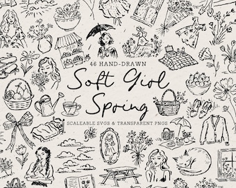Hand Drawn Cottagecore Spring Doodle Bundle, Lifestyle Line Art Illustrations (SVG & PNG Download)