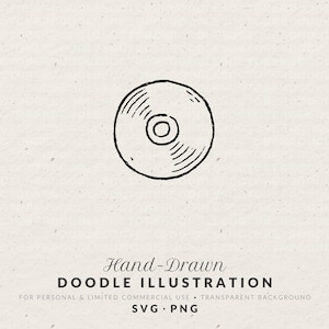 May include: Hand-drawn doodle illustration of a CD. The black and white image features a circular disc with concentric circles and radial lines. The text "Hand-Drawn DOODLE ILLUSTRATION" is below the CD.