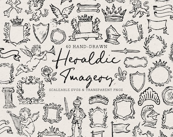 May include: A collection of 40 hand-drawn black ink illustrations featuring heraldic imagery, including shields, crowns, knights, angels, banners, and floral motifs. The central text reads 40 HAND-DRAWN Heraldic Imagery SCALEABLE SVGS & TRANSPARENT PNGS.