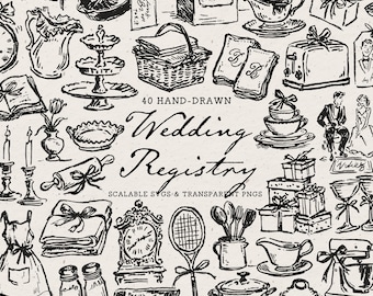May include: A collection of 40 hand-drawn black ink illustrations on a light background featuring wedding registry items like a toaster, picnic basket, kitchen utensils, gifts, and a clock, with the text 40 HAND-DRAWN Wedding Registry SCALABLE SVGS & TRANSPARENT PNGS.