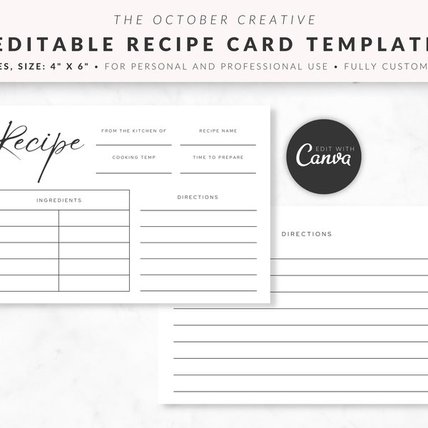 Editable Recipe Card Canva Template, Cookbook Card Template, Digital Recipe Card, Recipe Page, Recipe Card, Canva Templates for Chefs